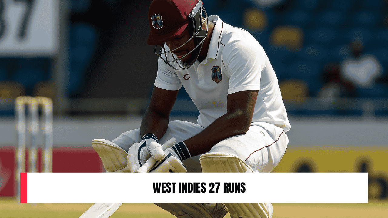West Indies cricketer kneels on pitch in deep disappointment.
